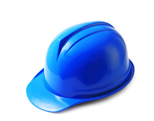 Blue safety helmet on white, hard hat isolated clipping path.