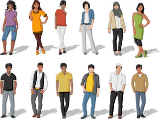 Group of cartoon young asian people