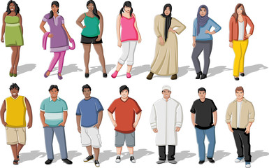 Obraz premium Group of cartoon fat young people