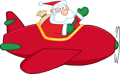 Santa Claus Flying A Plane And Waving