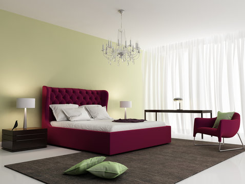 Contemporary fresh elegant red bedroom with rug