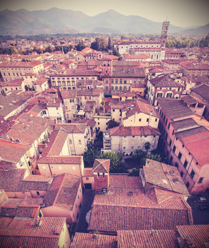 Retro vintage faded styled aerial picture of Lucca.