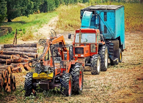 Old tractor and equipment used in timber industry.