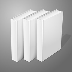 Realistic three standing white blank hardcover books. Isolated