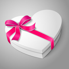 Vector realistic blank white heart shape box with pink ribbon