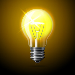 Vector realistic glowing light bulb on dark background.