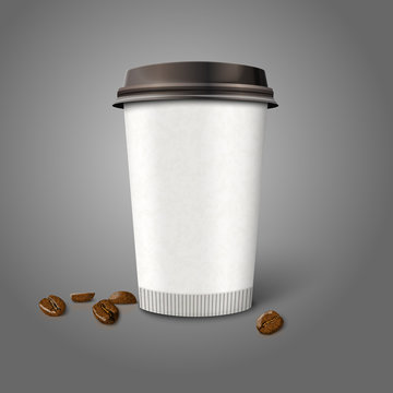 Blank realistic vector paper coffee cup with beans, isolated on