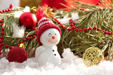 Postcard with snowman and christmas decoration