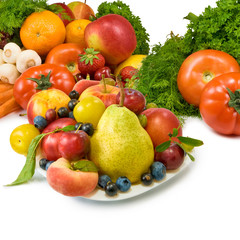 various fruits and vegetables on a white background closeup