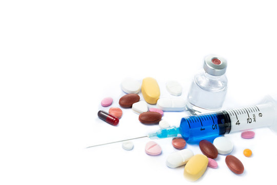 Glass Medicine Vial botox or flu with medical Syringe and pills