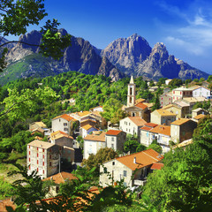 Corsica island,  Evisa Village Traditional Hilltop Settlement in Spelunca Valley Surrounded by Granite Mountains and Chestnut Forests. Scenic Travel Destination Landscapes of France