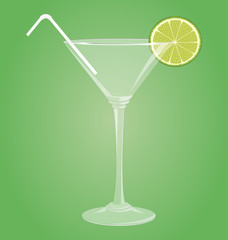Empty glass for martini with lime and plastic tube on green back