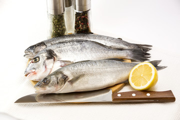raw fish on a cutting board and knife