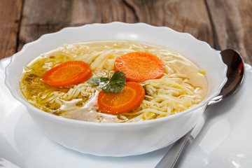 Broth - chicken soup with noodles.