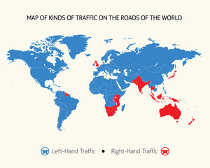 Fototapeta na wymiar Map of kinds of traffic on the roads of the world