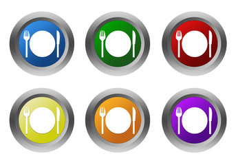Set of rounded colorful buttons with restaurant symbol