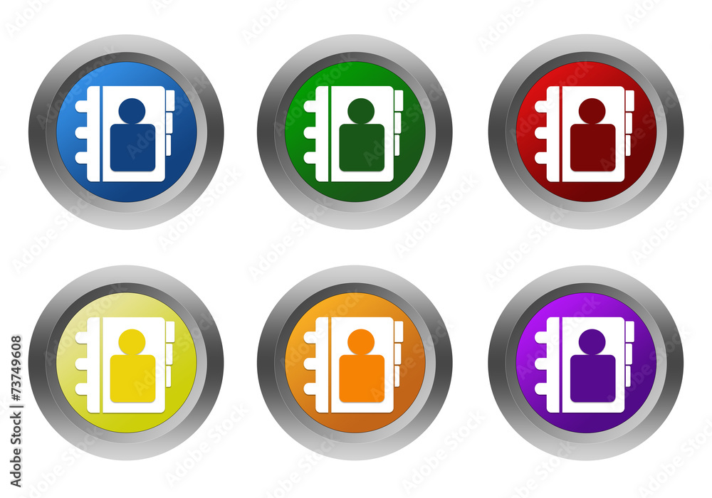 Poster set of rounded colorful buttons with address book symbol