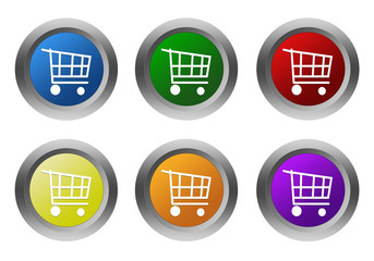 Set of rounded colorful buttons with shopping cart symbol