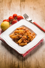 spaghetti with swordfish ragout and lemon peel