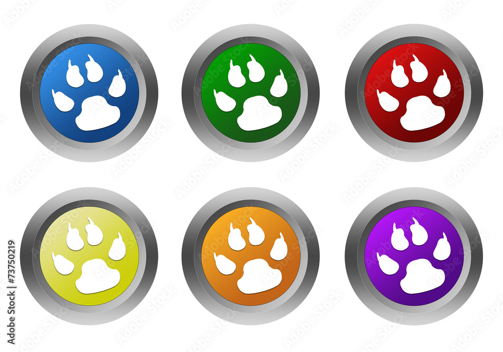 Poster set of rounded colorful buttons with pet footprints symbol
