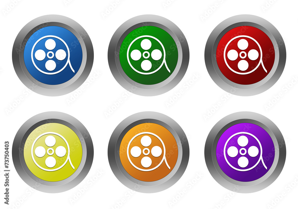 Poster set of rounded colorful buttons with movie symbol