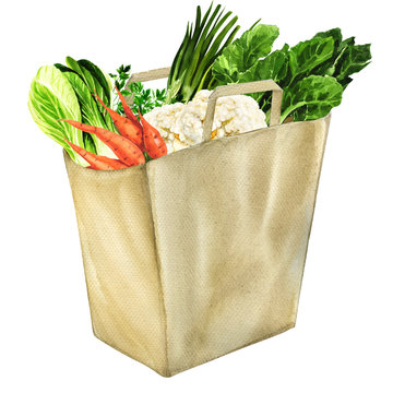 vegetables in white grocery bag isolated