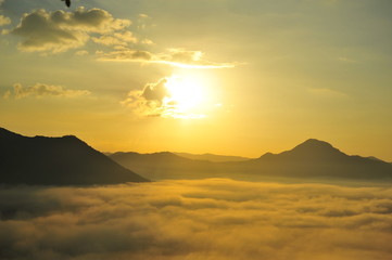 Mountain Landscape in the Mist at Sunrise