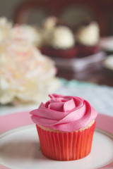 Pink vanilla rose cupcake on plate with text space