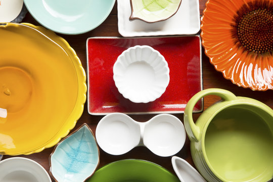 Colorful dishes and utensils