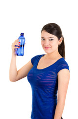 beautiful young girl holding blue water bottle