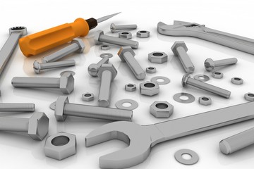 Bolts, nuts and pucks of different shapes and tools