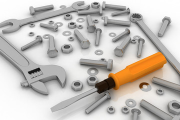 Bolts, nuts and pucks of different shapes and tools