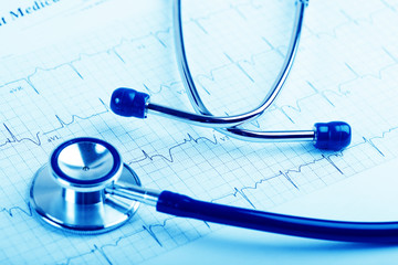 Stethoscope on cardiogram concept for heart care