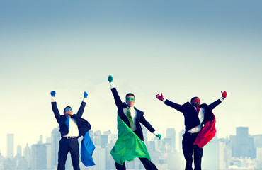 Superhero Businessmen Jumping Celebration Concept