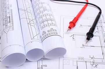 Electrical diagrams and cables of multimeter on drawing of house