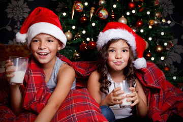 Sweet children drinking milk at Christmas