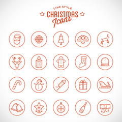 Line Style Christmas and New Year Icon Set  With Tree, Snowflake