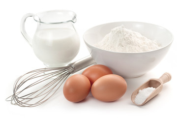 eggs, flour, milk and wire whisk