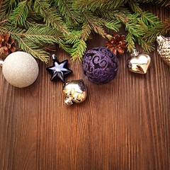 Christmas Tree and decorations on wooden background
