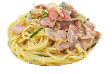 Spaghetti with sliced bacon