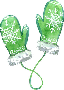 Watercolor Green Mittens. Vector Illustration.