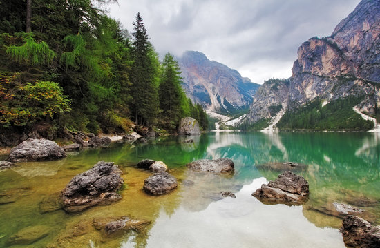 Lake - Lago di Braies in Dolomiti Mountains - Italy Europe