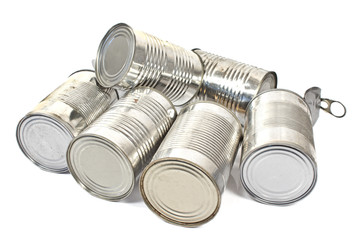 Pile of used cans over white background