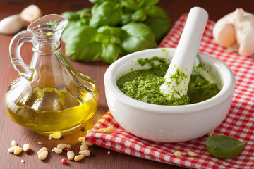 pesto sauce and ingredients over wooden rustic background