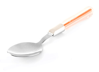 Metal spoon with color plastic handle isolated on white