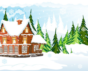 Fototapeta na wymiar Snow covered cottage