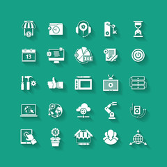 White flat icons set with long shadows. Business object, office