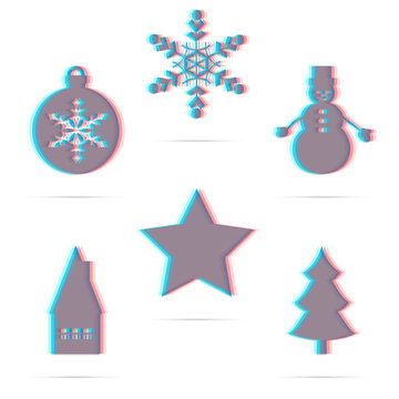 Set of six winter holiday anagliph flat icon