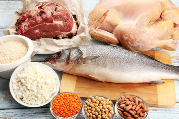 Food high in protein on table, close-up