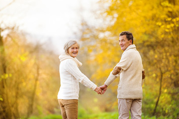 Active seniors walk in nature